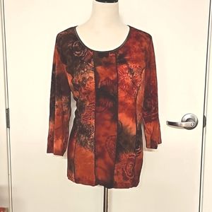 dressbarn Brown rusty red tie dye burnout floral pattern 1X ric rack detail